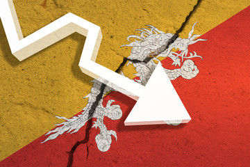 Bhutan Flag on the cracked wall with arrow falling down. Concept of decrease in the country. 3D Illustration