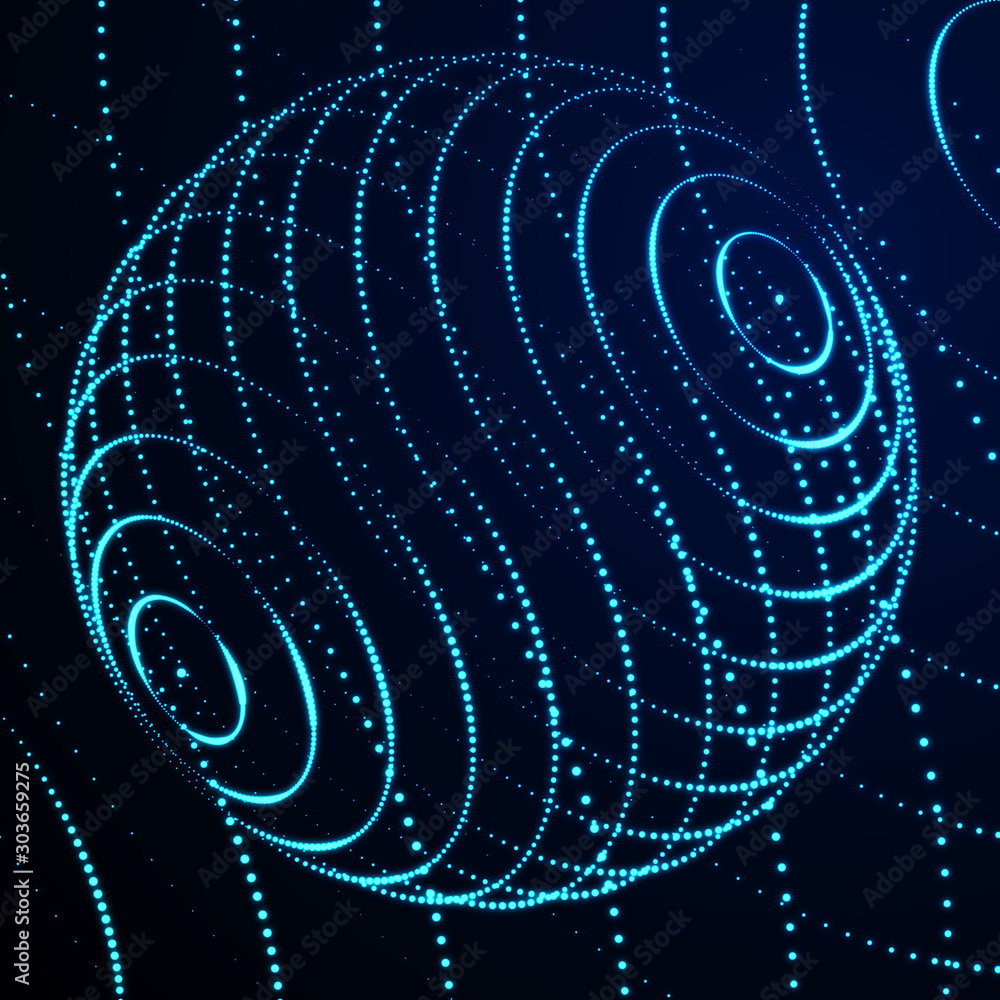 Poster 3d abstract sphere. Sphere particles on dark background. Science and technology. 3d rendering.