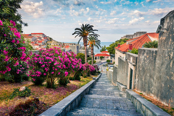 Colorful morning view of famous Fort Bokar in city of Dubrovnik. Exciting summer cityscape of Croatia, Europe. Beautiful world of Mediterranean countries. Traveling concept background