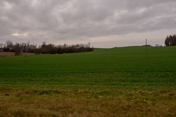 The view from the side window of the car. Rural landscape. Fields, hills, trees. Autumn, evening, cloudy.