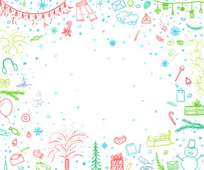 Fototapeta na wymiar Colorful christmas background on white. Pattern with sketchy holiday elements for design. Colored illustration