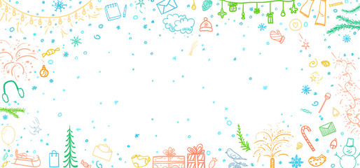 Colorful christmas background on white. Pattern with sketchy holiday elements for design. Happy New Year