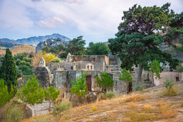 Fototapeta na wymiar Preveli monastery courtyard with the church of Saint John, Rethimno, Crete, Greece.