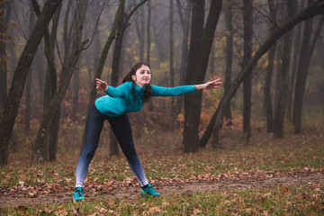 Woman lean torso forward with hands up