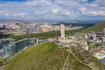 Fototapeta na wymiar Aerial view and Ulaanbaatar and Memorial to Soviet soldiers on Zaisan Tolgoi, Mongolia.