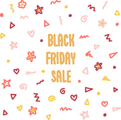 Black Friday Doodle Sales Banner Set Vector. Kids hand written typography with dots, circles, scribbles, flowers in pink red orange for promotional flyers, cards. Cute children sale text.