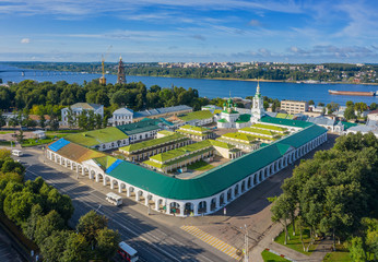 Aerial view of ancient Gostiny Dvor in old Russian city of Kostroma on bank of Volga River, Russia