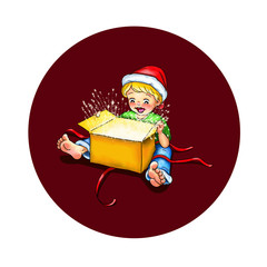 Kleinkind Kind Junge mit Weihnachtsmütze sitzt barfuß mit ausgepacktem Geschenk vor sich leuchten Faszination fasziniert überrascht Freude Lachen leuchten Sterne Paket Bescherung 