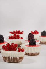 Homemade cheesecakes decorated with redcurrants and blackberries on a white background