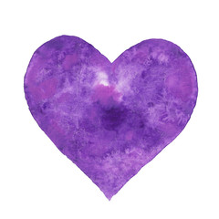 Heart shape hand drawn illustration. Violet and lilac textured watercolor heart on the white background isolated