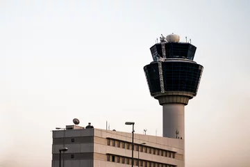 Gardinen The flight control tower of Eleptherios Venizelos airport, based in the capital of Greece, Athens. © Antony