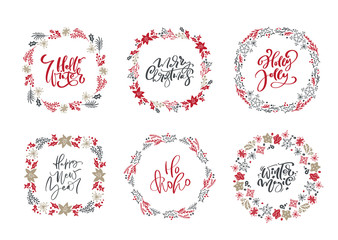 Set of Christmas vector scandinavian wreaths and calligraphic holiday vintage texts. Winter Wreath with xmas phrase. Greeting card template with vintage style elements