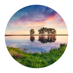 Round icon of nature with landscape. Amazing summer sunrise on the small pond. Colorful morning...