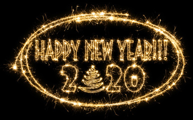 Text Happy New Year with number 2020 and Christmas tree inside the frame made by sparkler . Sign written sparkling sparklers . Sticker isolated on a black background . Overlay template