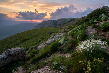 Fototapeta na wymiar sunset in the mountains of flowers, stones and sun
