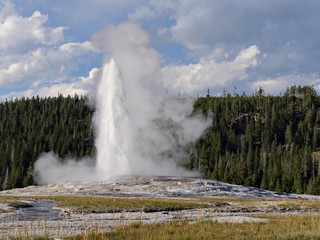 Breathtaking show of colums of scalding water and steam spurting out of the Old Faithful geyser during an early morning eruption at Yellowstone National Park, Wyoming.