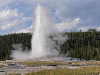 Show off of scalding water and steam spurting out of the Old Faithful geyser during an early...