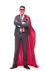 responsible businessman superhero . isolated on white background .