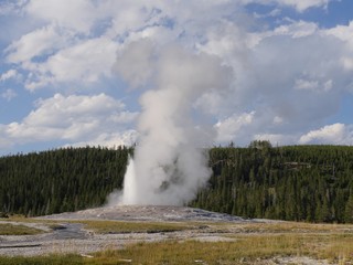 Show off of colums of scalding water and steam spurting into the air from the Old Faithful geyser during an early morning eruption at Yellowstone National Park, Wyoming.