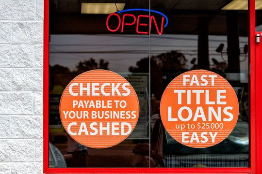 Montgomery, USA - April 21, 2018: Easymoney Payday Loan Financial Institution With Window Sign For Checks Payable Cashed, Fast Easy Quick Title Loan In Alabama Capital City