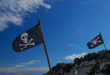 pirate flag in front of blue sky