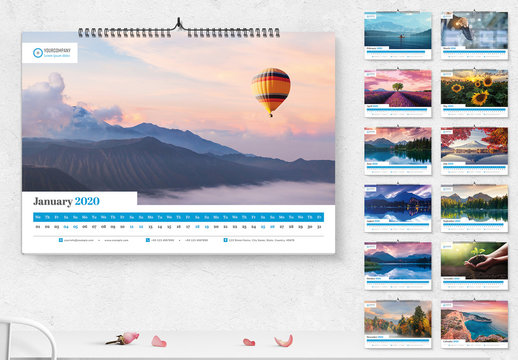 Landscape Calendar Layout with Blue and Red Accents