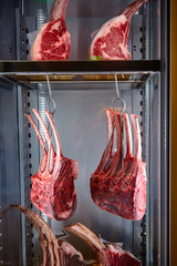 Marbled beef dry aging lies in the refrigerator