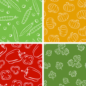 Set of vegetables seamless patterns. Green peas, bell pepper, pumpkin and cilantro. Vector color monochrome illustration outline.