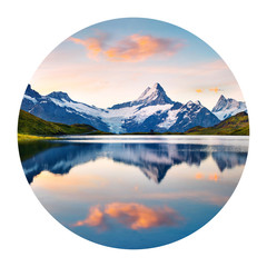 Round icon of nature with landscape. Wetterhorn and Wellhorn peaks reflected in water surface of...