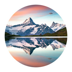 Round icon of nature with landscape. Wetterhorn peak reflected in water surface of Bachsee lake....