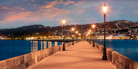 Splendid morning cityscape of Argostolion town, former municipality on the island of Kefalonia,...