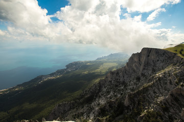 Fototapeta na wymiar view from the mountain, on a cliff, mountain Crimea