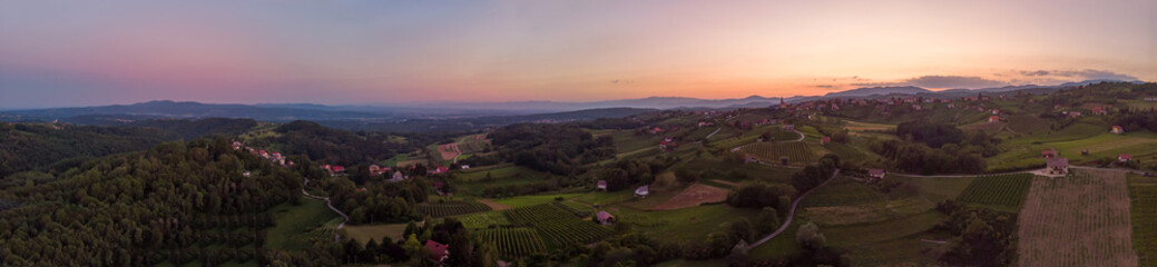 Fototapeta na wymiar Aerial panorama of wine region countryside at sunset.