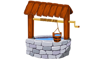 middle age, fairy tale draw well with water and crank, bucket and rope
