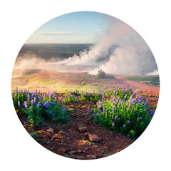 Round icon of nature with landscape. Erupting of the Great Geysir lies in Haukadalur valley on the slopes of Laugarfjall hill. Foggy summer morning in Southwestern Iceland, Europe. 
