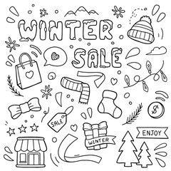 Winter sale vector illustration. Doodle design concept