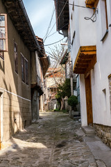 Veliko Tarnovo city, Bulgaria - March 24, 2017. Traditional Bulgarian architecture in the old medieval town area, Veliko Tarnovo city, Bulgaria
