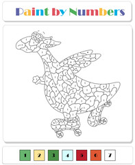 Fototapeta na wymiar Green dragon roller skates. Color by number educational game for kids
