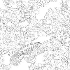 Peony tree branch with flowers with pheasants in the style of Chinese painting on silk Seamless pattern, background. Outline hand drawing vector illustration..