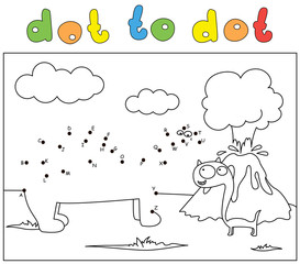 Two comic cartoon dinosaurs and volcano eruption. Coloring book and dot to dot game for kids