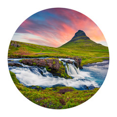 Round icon of nature with landscape. Majestic summer sunset on famous Kirkjufellsfoss Waterfall and...