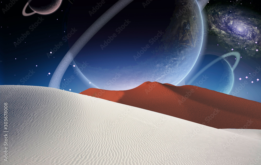 Wall mural Surreal alien desert. Big planets in the starry sky