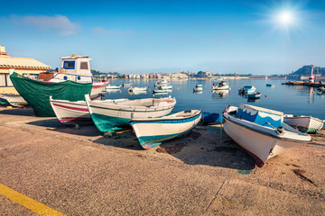 Beautiful morning view of old Kerkira port, capital of Corfu island, Greece, Europe. Bright summer...