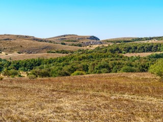 Mountain pasture in autumn sunny day.