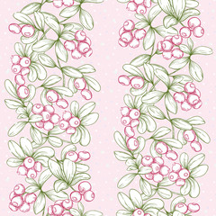Cranberry and snow. Seamless pattern, background. Graphic drawing, engraving style. Vector illustration