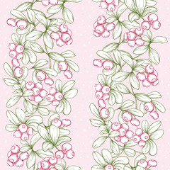 Obraz premium Cranberry and snow. Seamless pattern, background. Graphic drawing, engraving style. Vector illustration