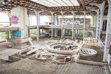 Krk, Croatia, July 12 2019: Abandoned and destructed luxury hotel Palace Haludovo in Malinska,...
