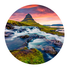 Round icon of nature with landscape. Picturesque summer sunset on famous Kirkjufellsfoss Waterfall...