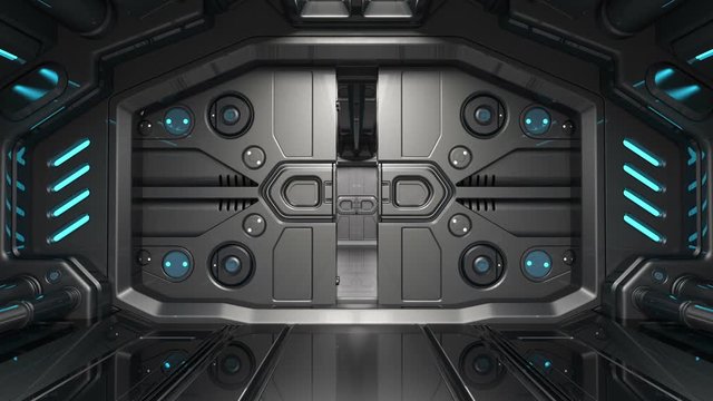 3d rendering of fly through the space corridor animation straight towards the opening of a metallic door at the end of the path with alpha channel.