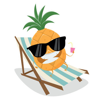 funny cartoon pineapple relaxing on sunbed